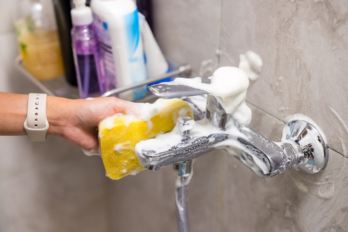 A person washing their hands with soap while using a yellow sponge for thorough cleaning.