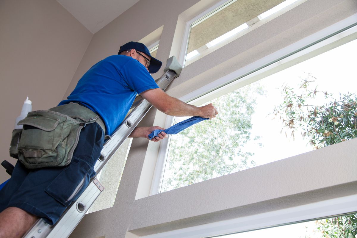 A man on a ladder diligently cleaning windows, showcasing his focus and attention to detail in maintaining the building's appearance.